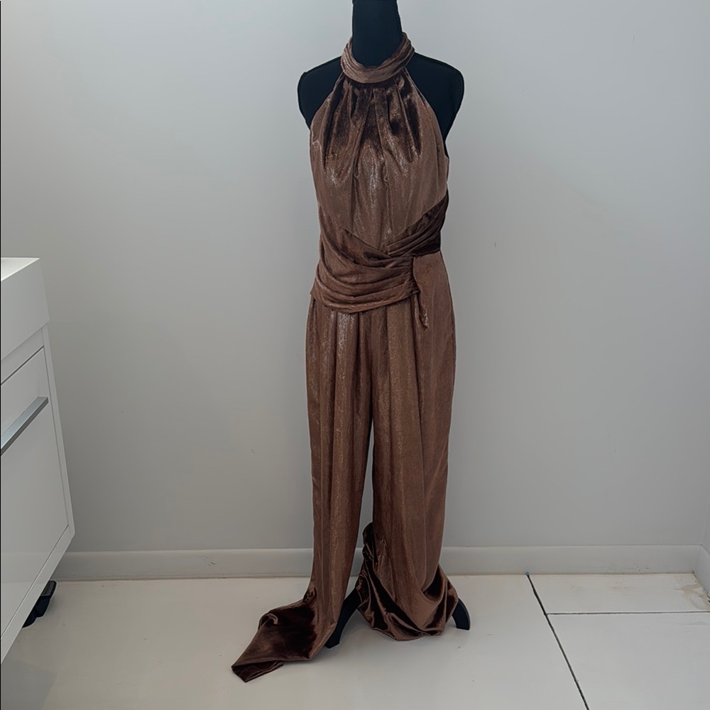 Kay Unger Brown Jumpsuit with Halter Neck and Wide-Leg Design
